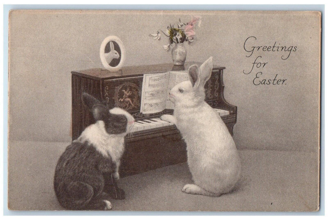 c1910's Easter Greetings Anthropomorphic Rabbit Playing Organ Antique Postcard