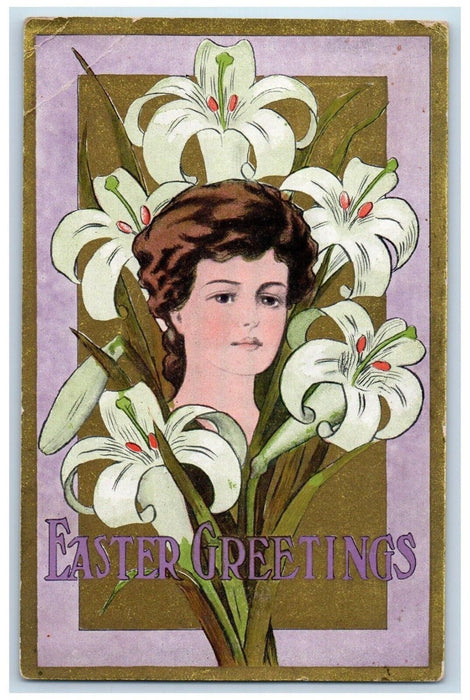 1909 Easter Greetings Art Nouveau Girl Head Lilies Flowers Dayville OR Postcard