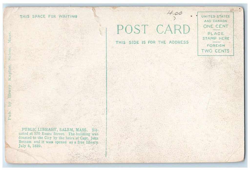 c1910 Public Library Salem Massachusetts MA Unposted Antique Postcard
