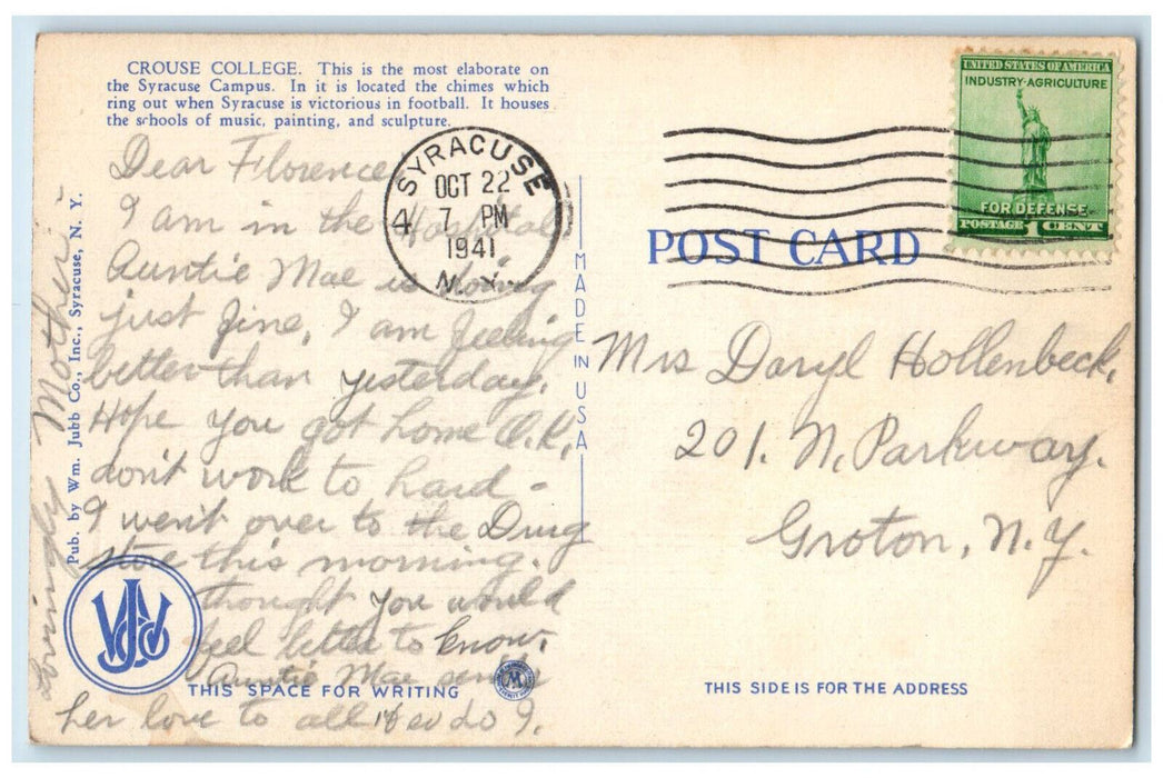 1941 Crouse College of Fine Arts Syracuse University Syracuse NY Postcard