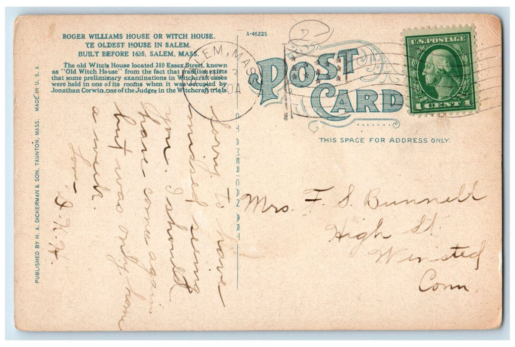 c1940's Roger Williams House or Witch House Salem Massachusetts MA Postcard