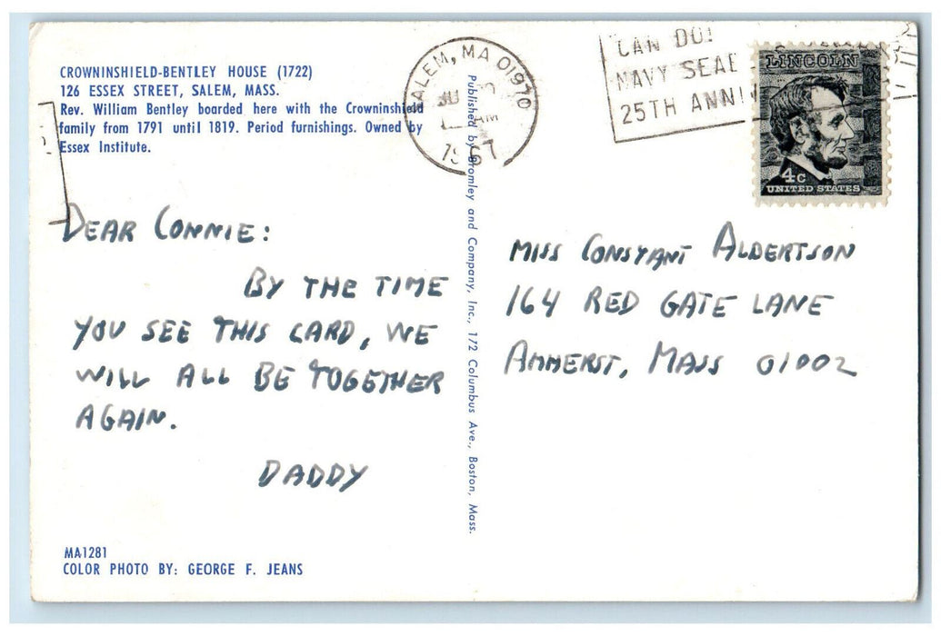 1967 Crowninshield-Bentley House Salem Massachusetts MA Vintage Postcard