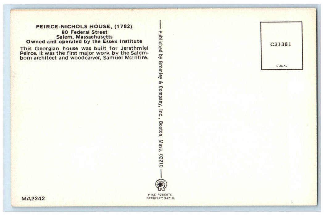 c1960's Peirce-Nichols House Salem Massachusetts MA Vintage Unposted Postcard
