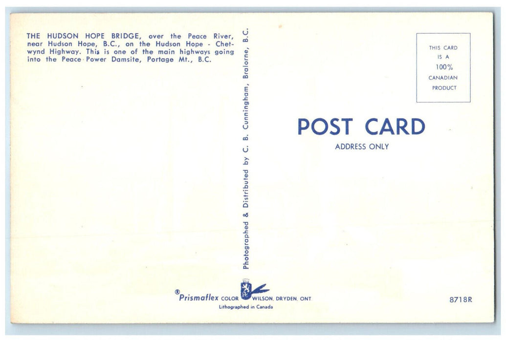 c1950's The Hudson Hope Bridge Hudson Hope BC Canada Vintage Postcard