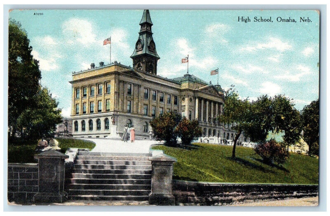 c1910 Exterior View High School Building Omaha Nebraska Stairs Antique Postcard