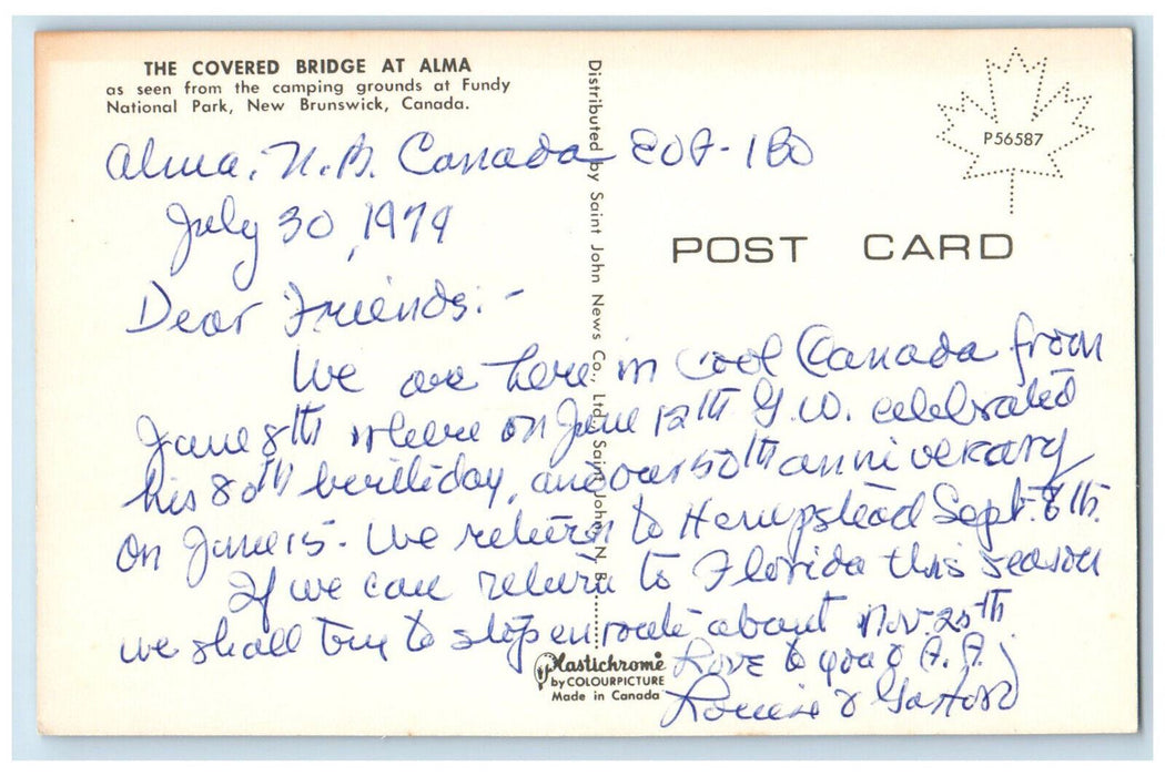 1974 The Covered Bridge at Alma National Park New Brunswick Canada Postcard