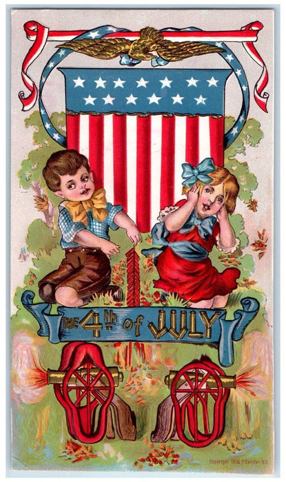 c1910's Fourth Of July Children Firecracker Eagle Patriotic Embossed Postcard