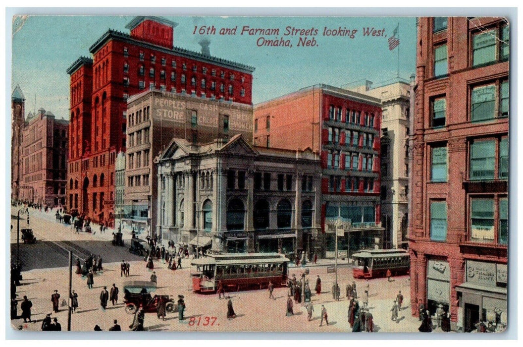 1913 16th Farnam Streets Looking West Streetcars Omaha Nebraska Vintage Postcard