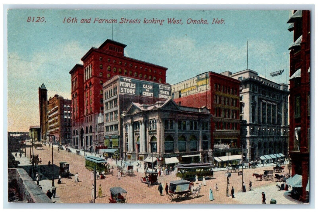 1910 16th Farnam Streets Looking West Streetcars Omaha Nebraska Vintage Postcard
