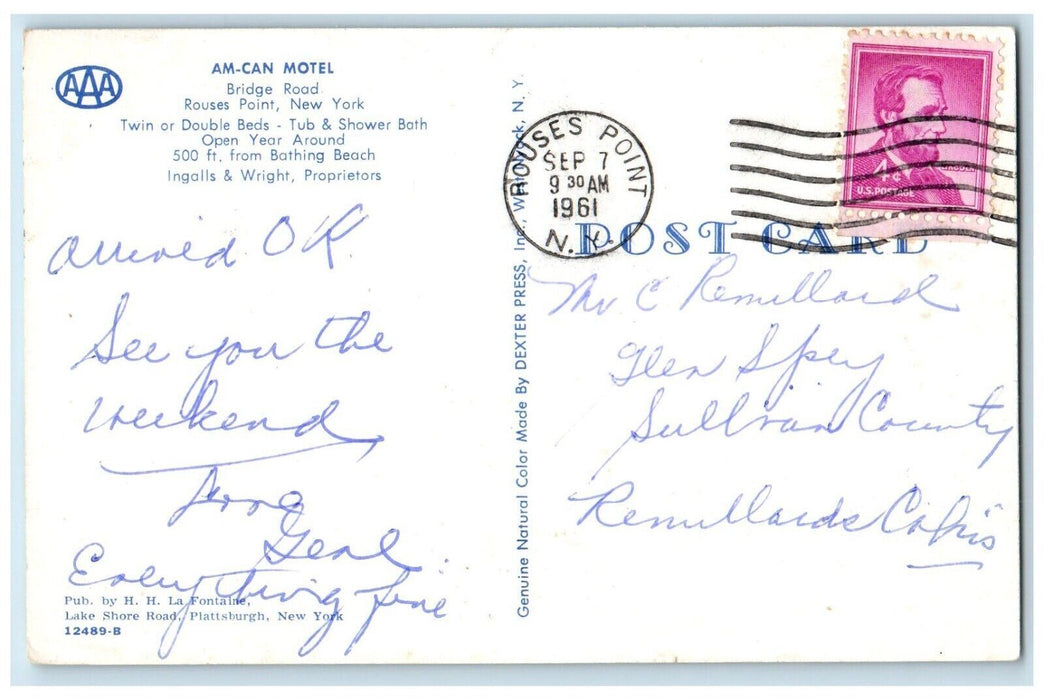 1961 Am-Can Motel Bridge Road Exterior Building Rouses Point New York Postcard
