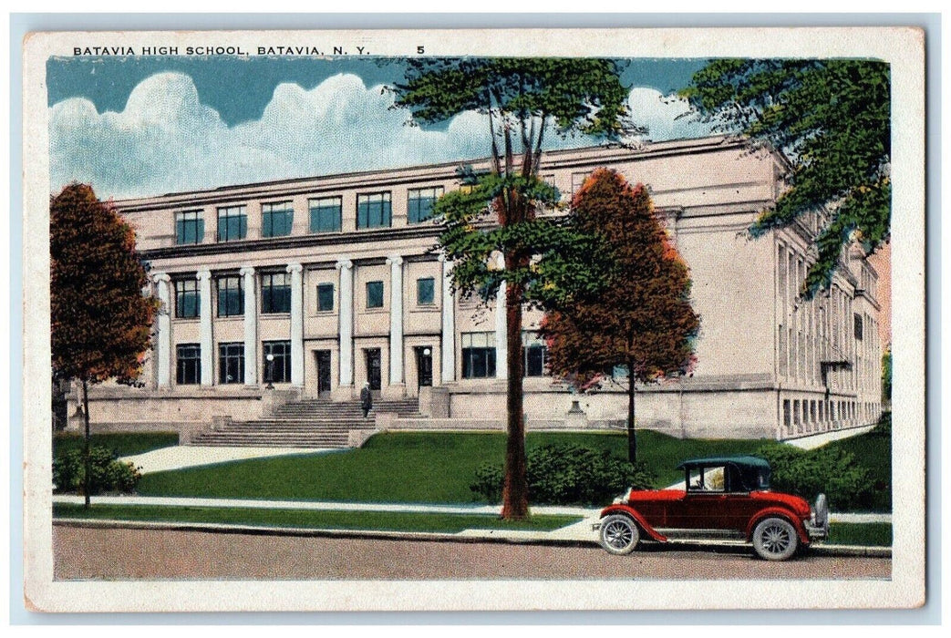 1928 Batavia High School Exterior Building Classic Car Batavia New York Postcard