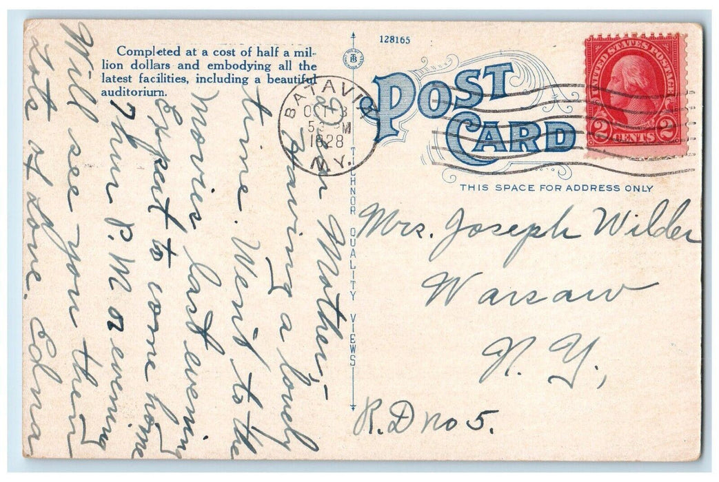 1928 Batavia High School Exterior Building Classic Car Batavia New York Postcard