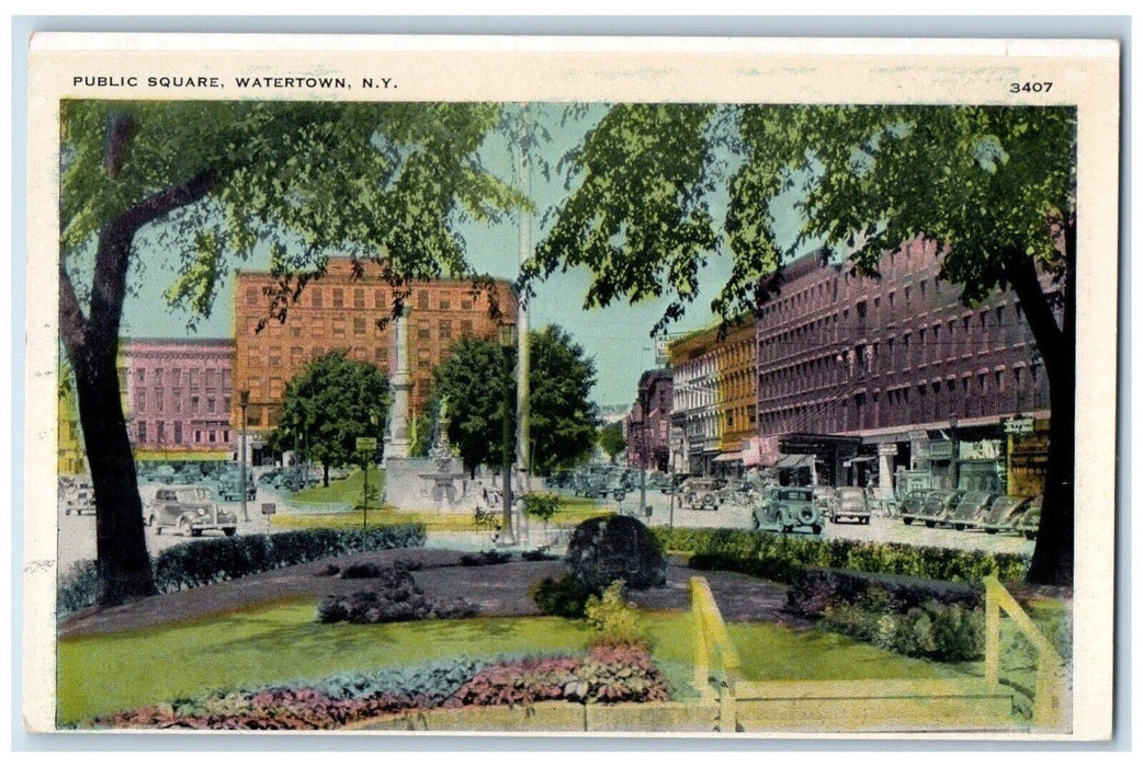 1920 Public Square Exterior Building Classic Cars Watertown New York NY Postcard
