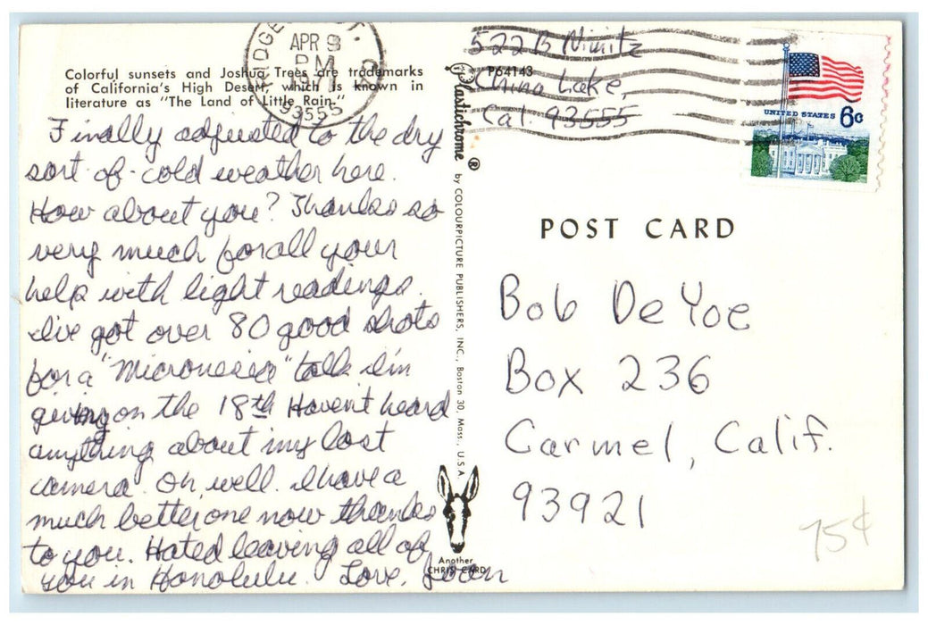 1971 Greetings From The Land Of Little Rain China Lake California CA Postcard