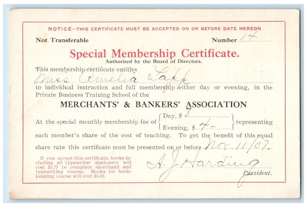 1907 Merchants Bankers Association School Membership Certificate Newark Postcard