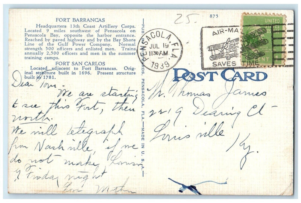 1939 Bird's-Eye Fort Barrancas San Carlos Mc Cerea Pensacola Florida FL Postcard
