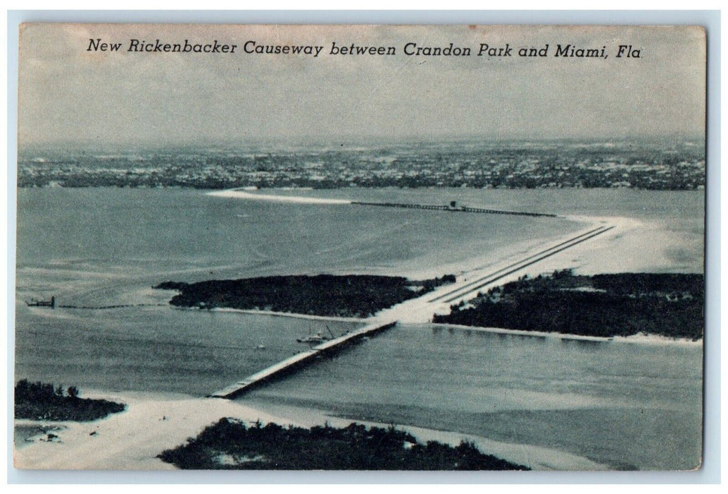 c1940 New Rickenbacker Causeway Crandon Park Bridge River Miami Florida Postcard