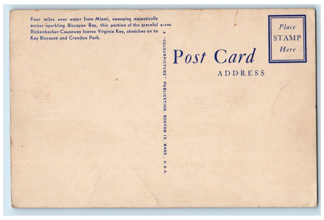 c1940 New Rickenbacker Causeway Crandon Park Bridge River Miami Florida Postcard