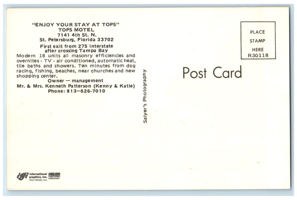 1960 Enjoy Your Stay Tops Motel Tampa Bay Field St. Petersburg Florida Postcard