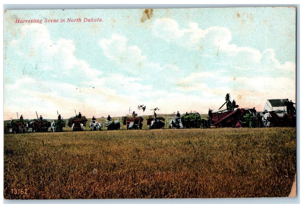 1909 Harvesting Scene North Dakota Antique Vintage Posted Tractor Farm Postcard