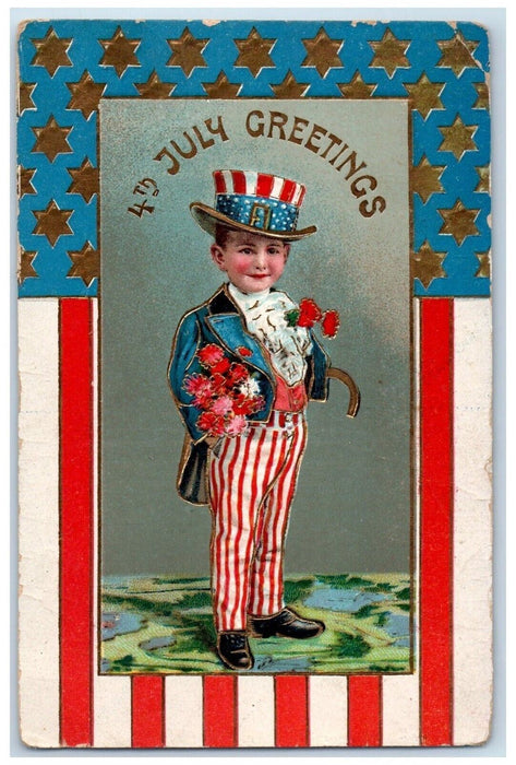 1909 Fourth Of July Greetings Little Boy Uncle Sam Stars Nash Antique Postcard