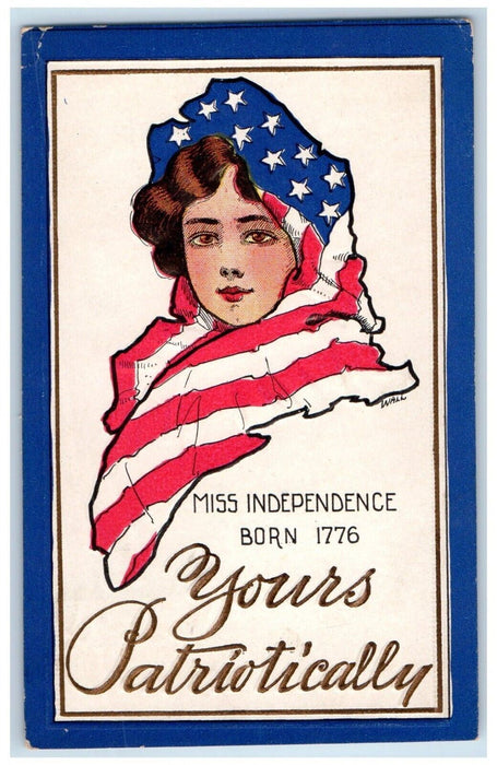 c1910's Woman Miss Independence Patriotically Embossed Lenox MI Antique Postcard