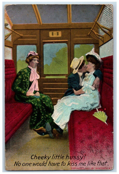 1909 Sweet Couple Kissing Crossdressing Man Hand Drawn Doodle Bamforth Postcard