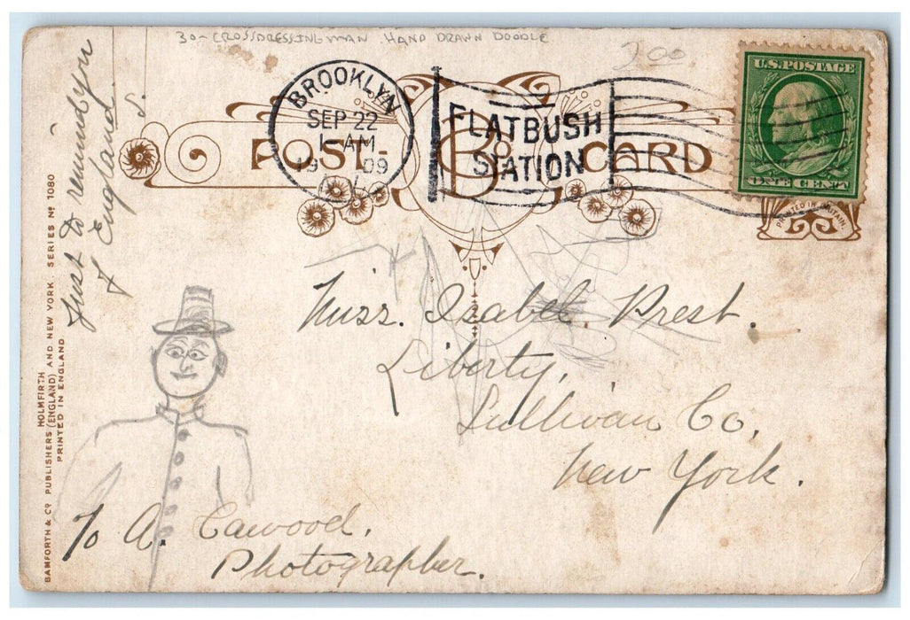1909 Sweet Couple Kissing Crossdressing Man Hand Drawn Doodle Bamforth Postcard