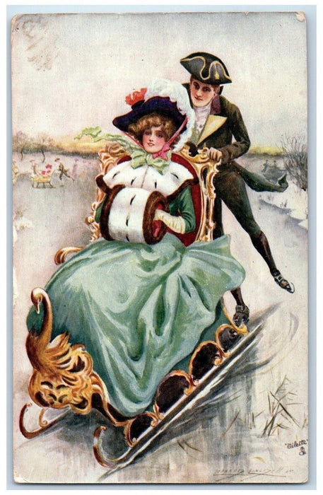 c1910's Man Sleigh Pretty Woman Handwarmer Oilette Tuck's Antique Postcard