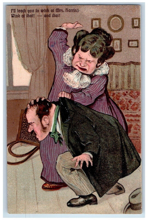 1907 Woman Beating Husband Embossed Princeton Illinois IL Antique Postcard