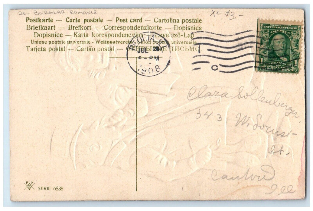 1908 Burglar Romance Embossed Peoria Illinois IL Posted Antique Postcard