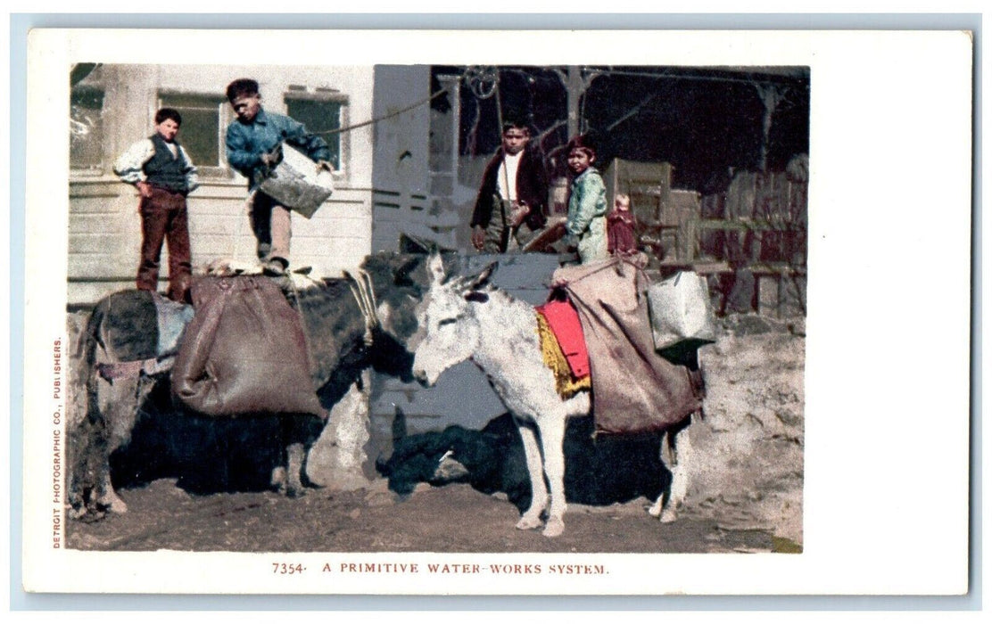 c1905 Primitive Water-Works System Donkey Children Detroit Publishers Postcard