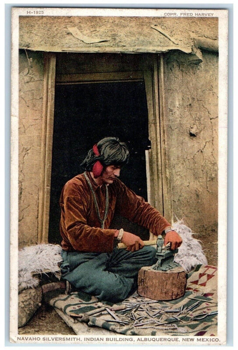 1931 Navaho Silversmith Indian Building Albuquerque NM Fred Harvey Postcard