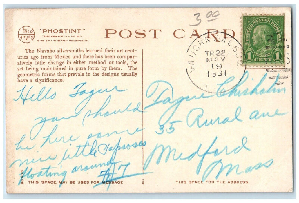 1931 Navaho Silversmith Indian Building Albuquerque NM Fred Harvey Postcard
