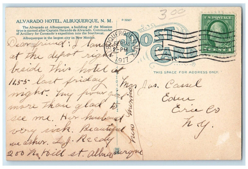 1917 Alvarado Hotel Railway Albuquerque New Mexico NM Vintage Antique Postcard