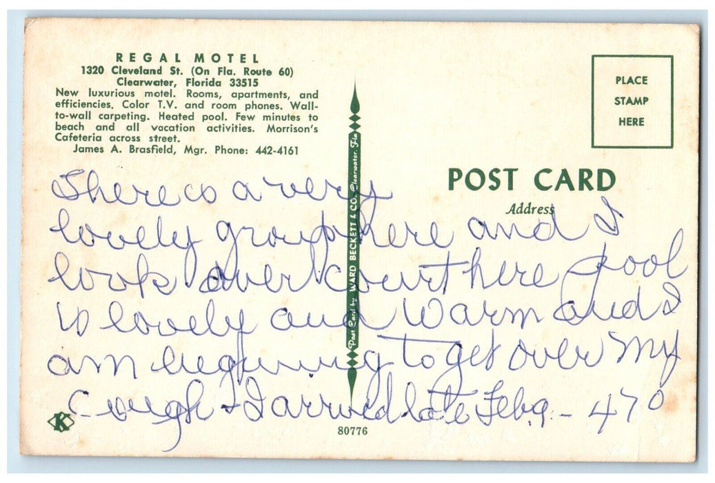 c1960 Regal Motel Cleveland Street Exterior Pool Clearwater Florida FL Postcard