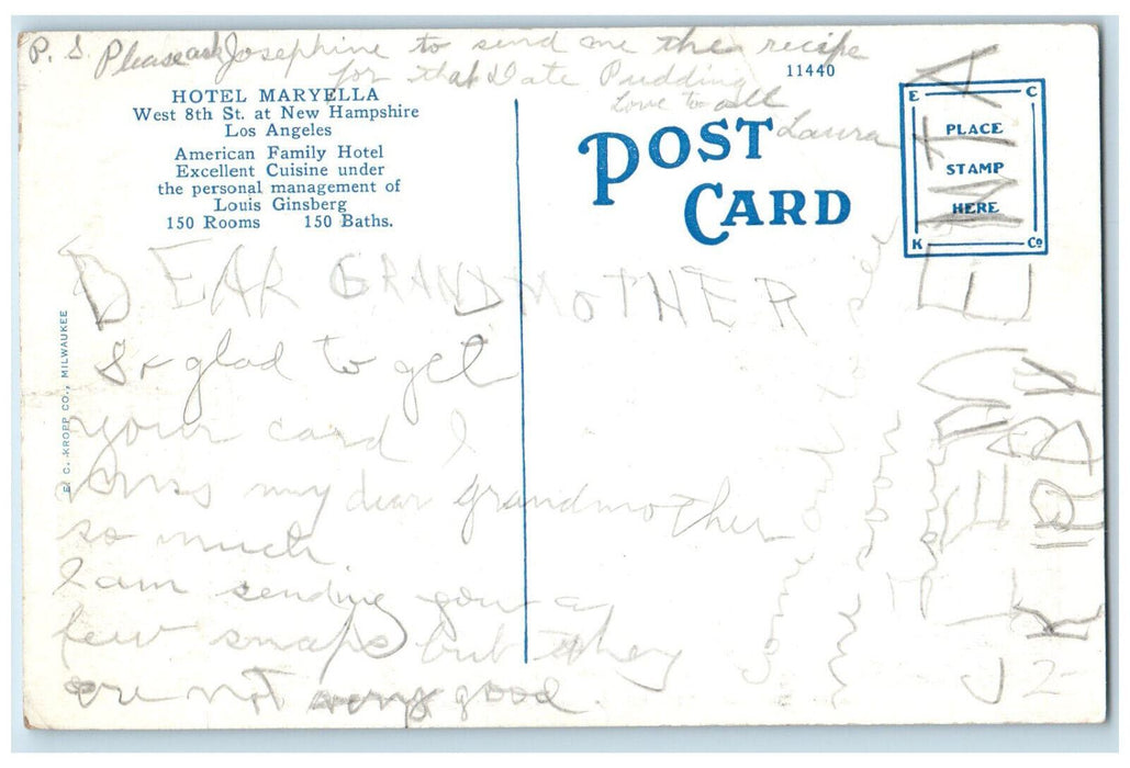 Hotel Maryella West 8th St. At New Hampshire Los Angeles California CA Postcard