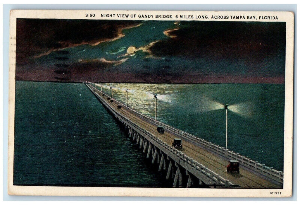 1934 Night View Gandy Bridge 6 Miles Long Moon Across Tampa Bay Florida Postcard