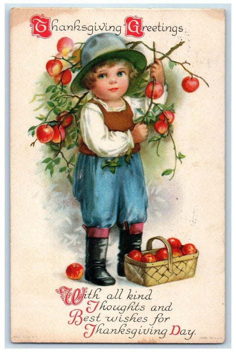 1927 Thanksgiving Greetings Boy Collecting Apples Basket Wolf York PA Postcard