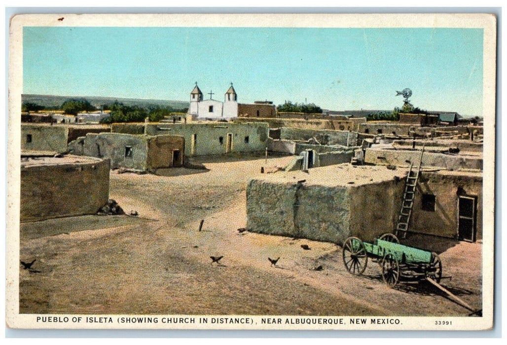 c1920 Pueblo Isleta Showing Church Distance Near Albuquerque New Mexico Postcard