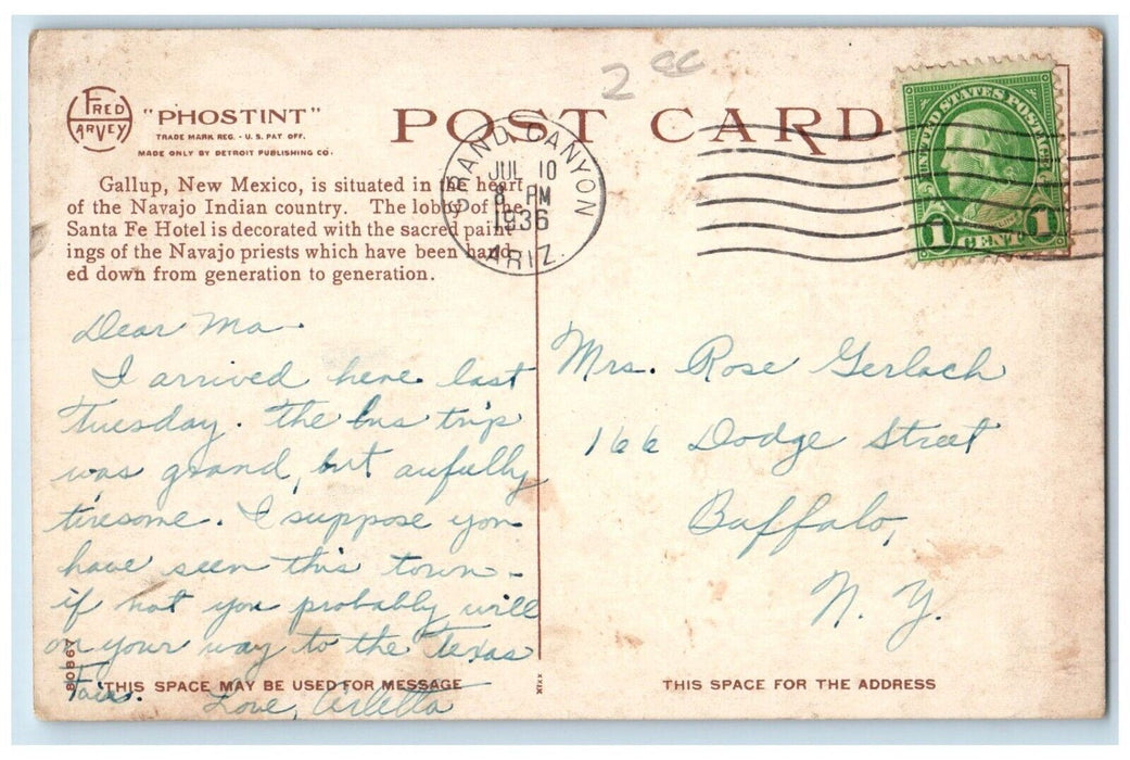 1936 El Navajo Santa Fe Hotel Gallup New Mexico NM Fred Harvey Phostint Postcard