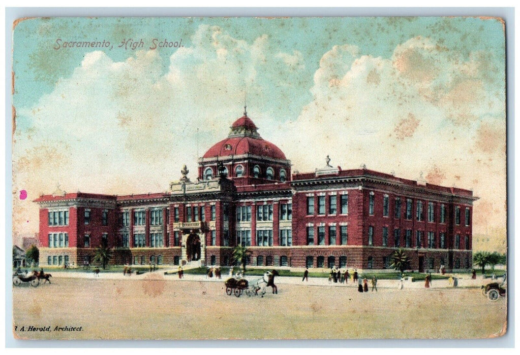 1908 High School Exterior Building Horse Carriage Sacramento California Postcard