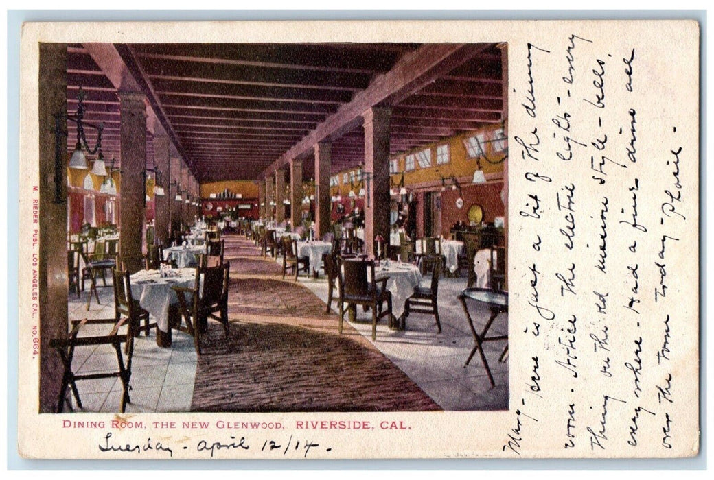 1904 Dining Room New Glenwood Restaurant Interior Riverside California Postcard