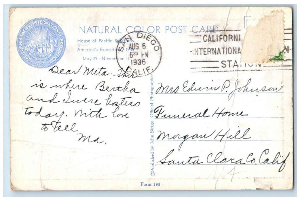 1936 House Pacific Rotations America's Exposition San Diego California Postcard