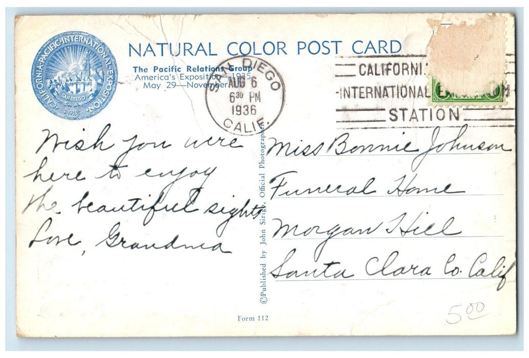 1936 Pacific Relations Group America's Exposition San Diego California Postcard