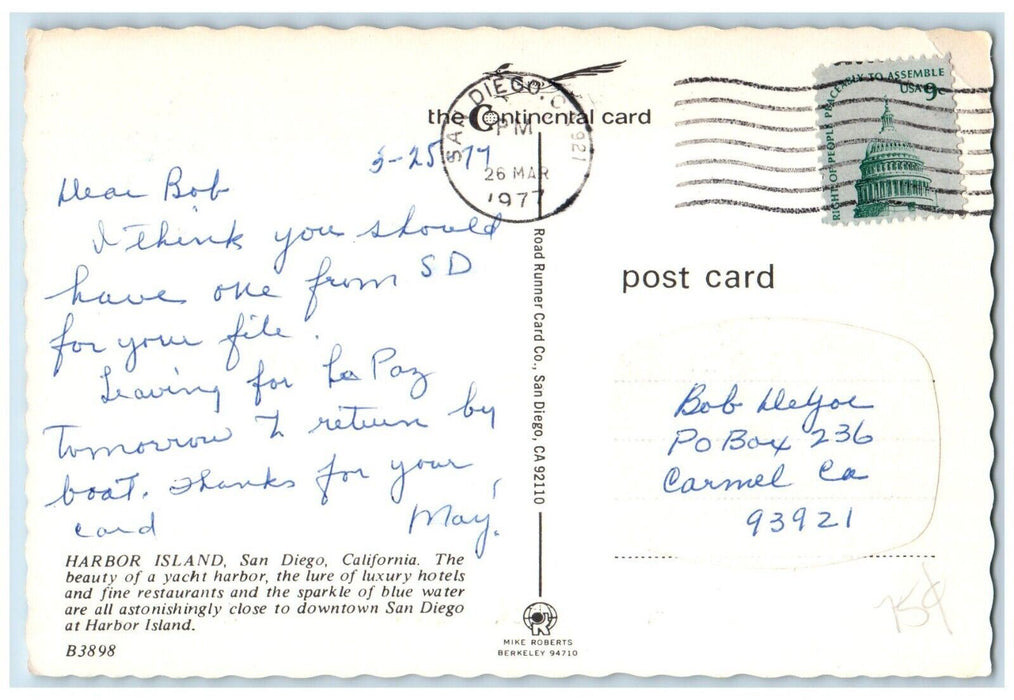 1977 Harbor Island Yacht Harbor Luxury Hotels San Diego California CA Postcard