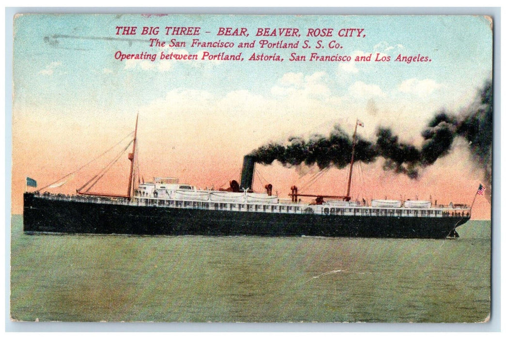 The Big Three Bear Beaver Rose City Steamer Ship S.S. Los Angeles CA Postcard