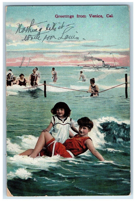 1906 Greetings From Venice California CA, Beach Bathing Scene Antique Postcard