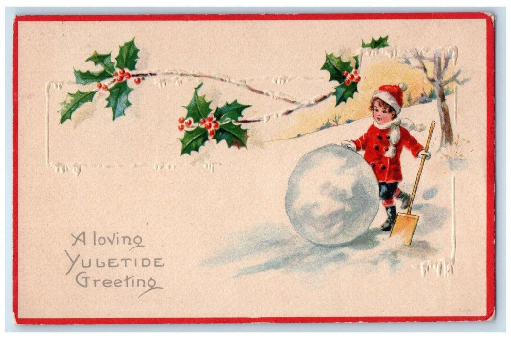 1915 Christmas Greeting Boy Snowball Holly Berries Winter Hebron IN Postcard