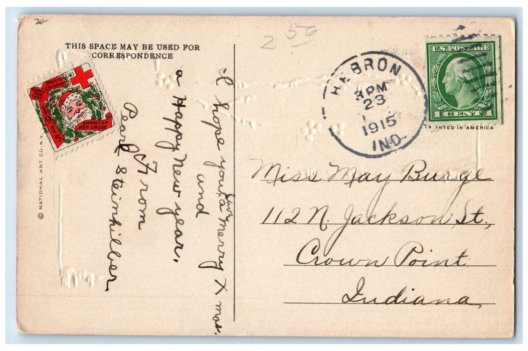 1915 Christmas Greeting Boy Snowball Holly Berries Winter Hebron IN Postcard